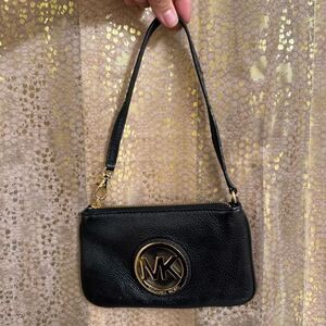 Michael Kors Black Gold Logo Pebble Leather Clutch Wristlet Zip Bag